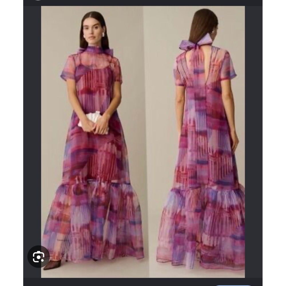 Few Moda CAARA Melody Dress Women M Pink Purple Abstract Sheer Mesh Bow Maxi
